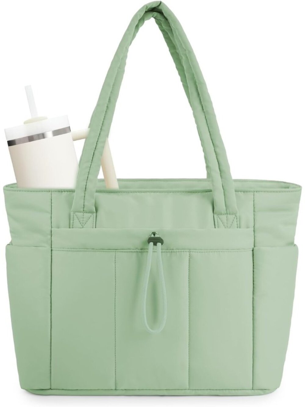 Women 08-Light Green Tote Bag With Cup Holder Laptop Sleeve Travel Work Bag
